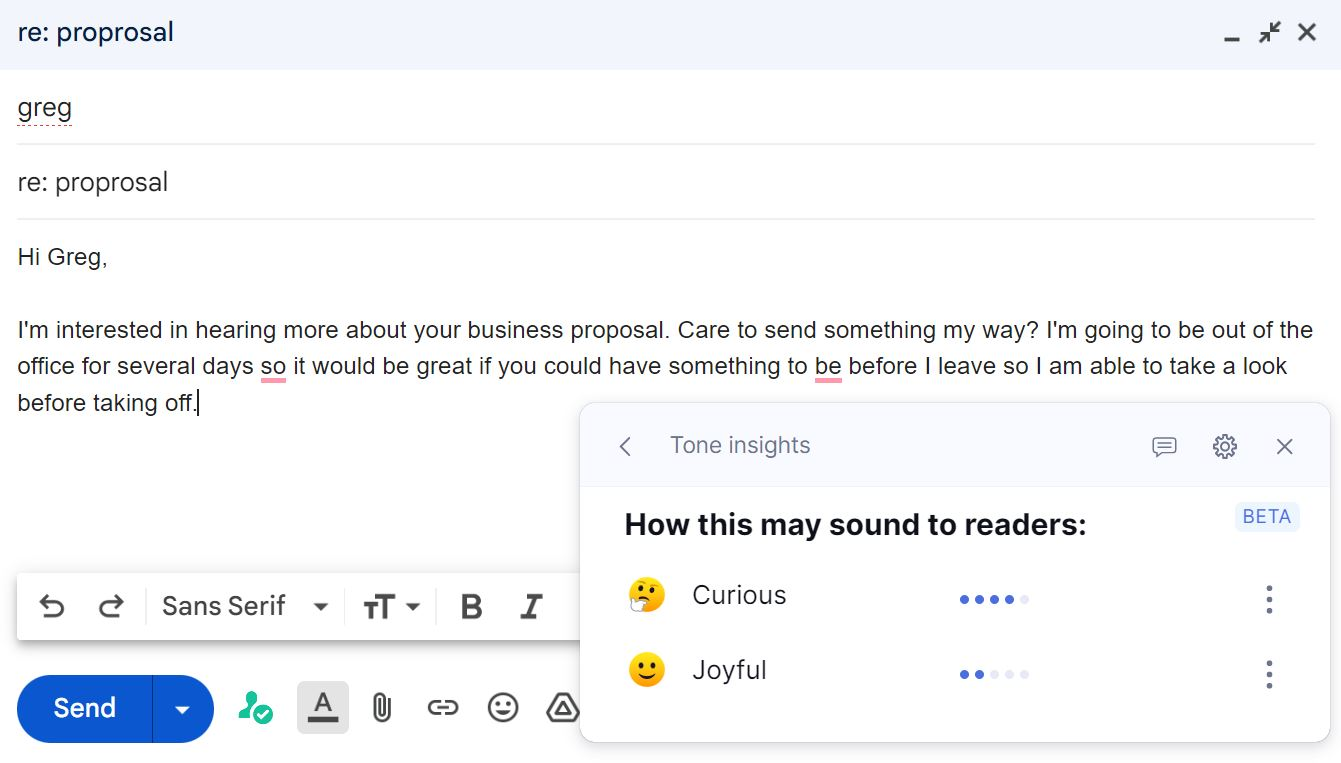 Screenshot of Grammarly editor with text.