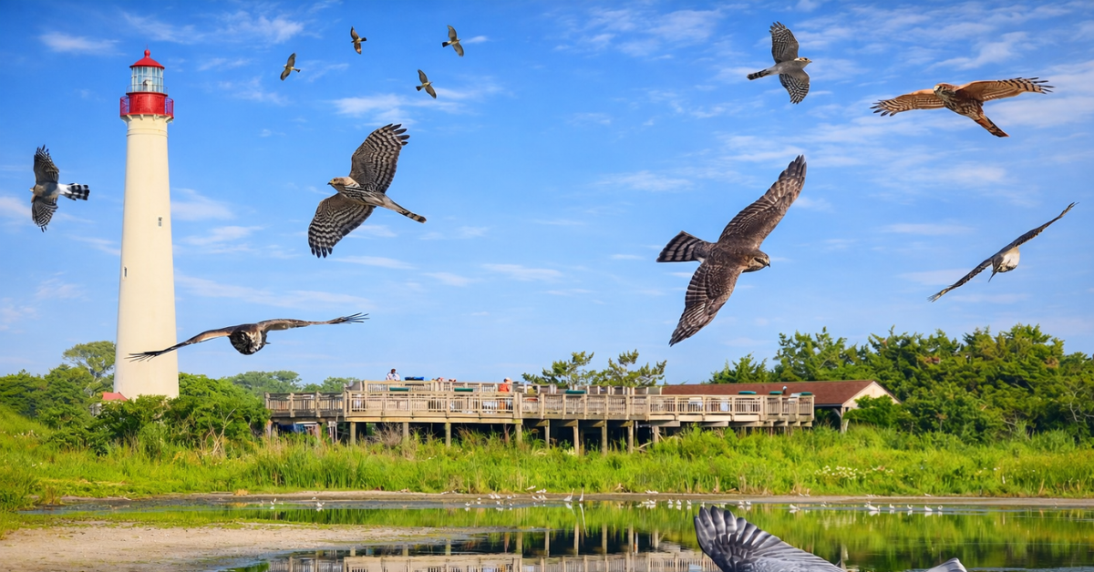 Hawks flying over wetlands near the Cape May Point Lighthouse and bird sanctuary observation deck.