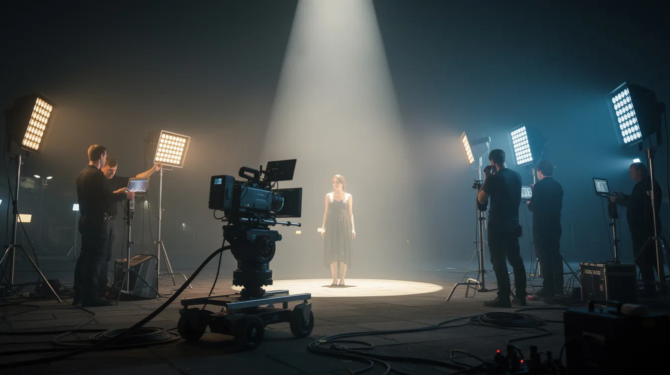 Das Bild zeigt ein Filmset bei Nacht, beleuchtet von Scheinwerfern, die eine atmosphärische Stimmung erzeugen. In der Mitte steht eine Schauspielerin im Lichtkegel, während Crew-Mitglieder mit der Filmkamera auf Dolly beschäftigt sind, um die perfekte Lichtsetzung und Ausleuchtung zu gewährleisten.