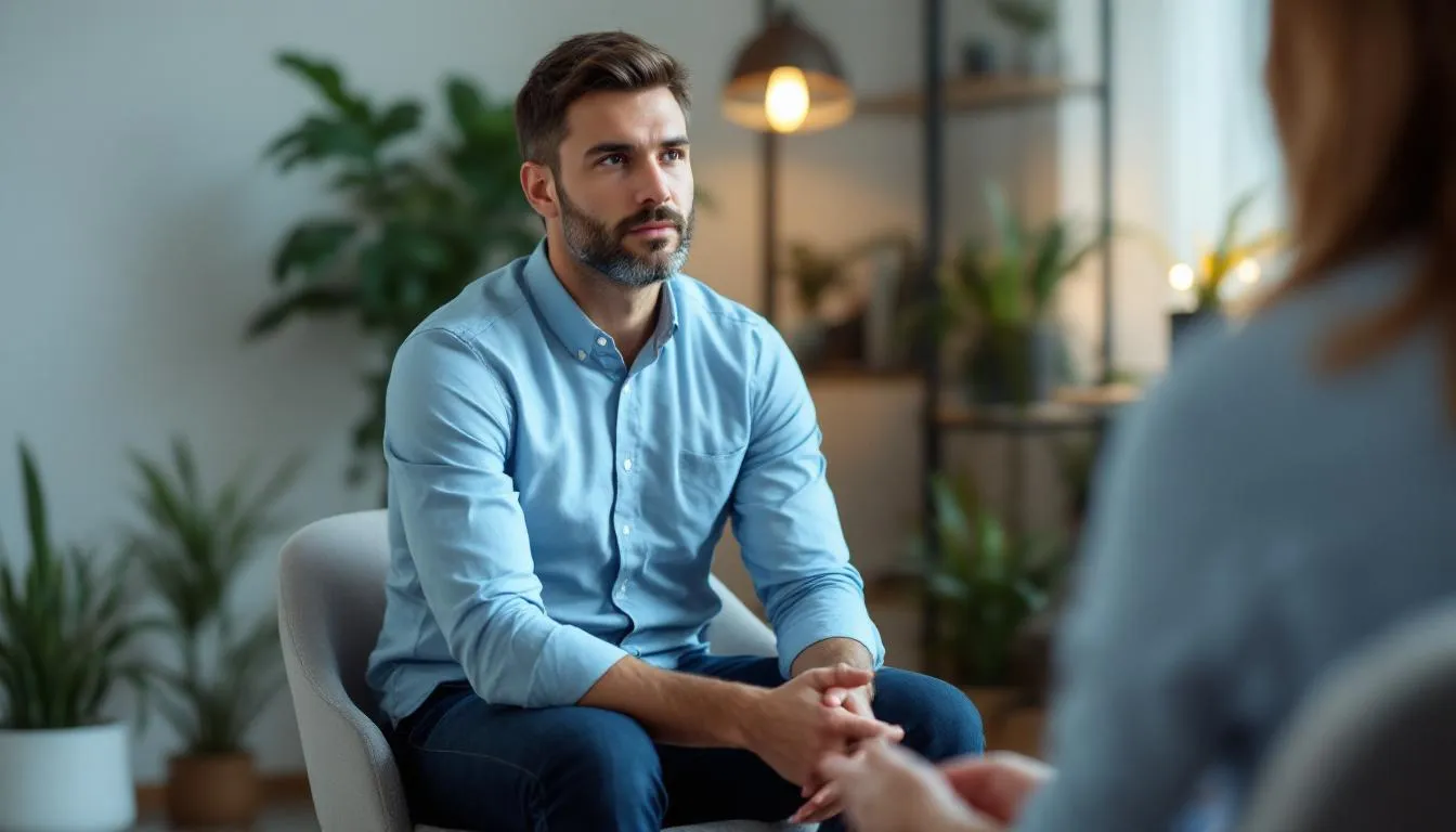 Man in therapy session discussing mental health with counselor