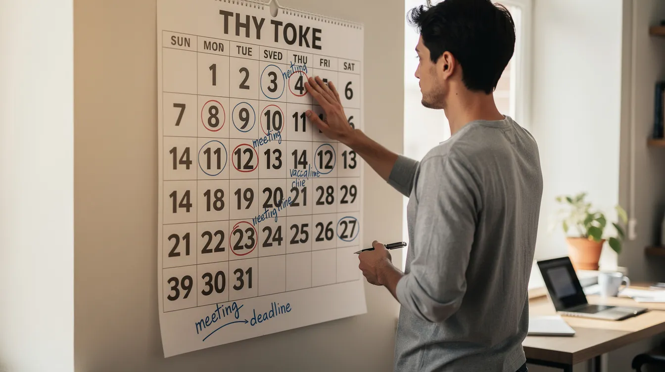 An individual is examining a wall calendar, noting marked dates that may indicate important events or reminders related to their health, such as the timing for taking fisetin supplements or following a specific longevity research protocol. This practice can help track dietary intake and manage conditions like metabolic syndrome or age-related diseases.