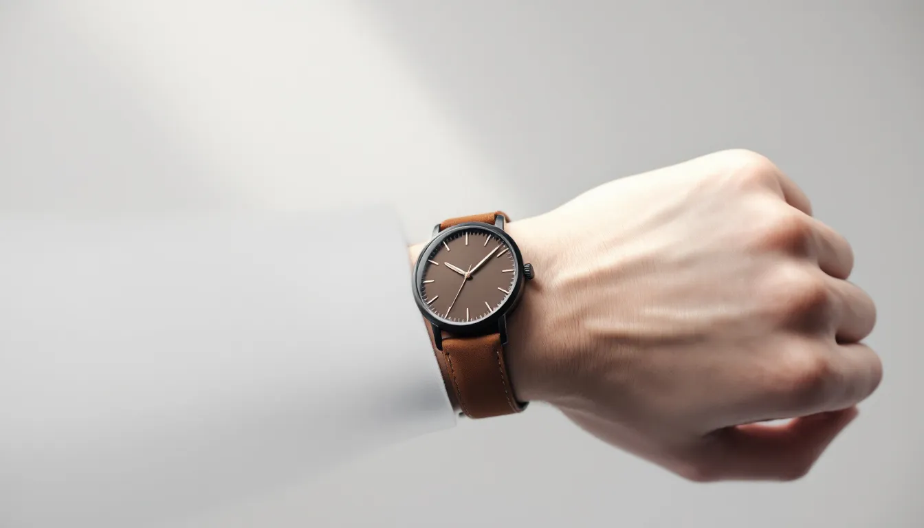 A person wearing a brown suede watch strap on their wrist.
