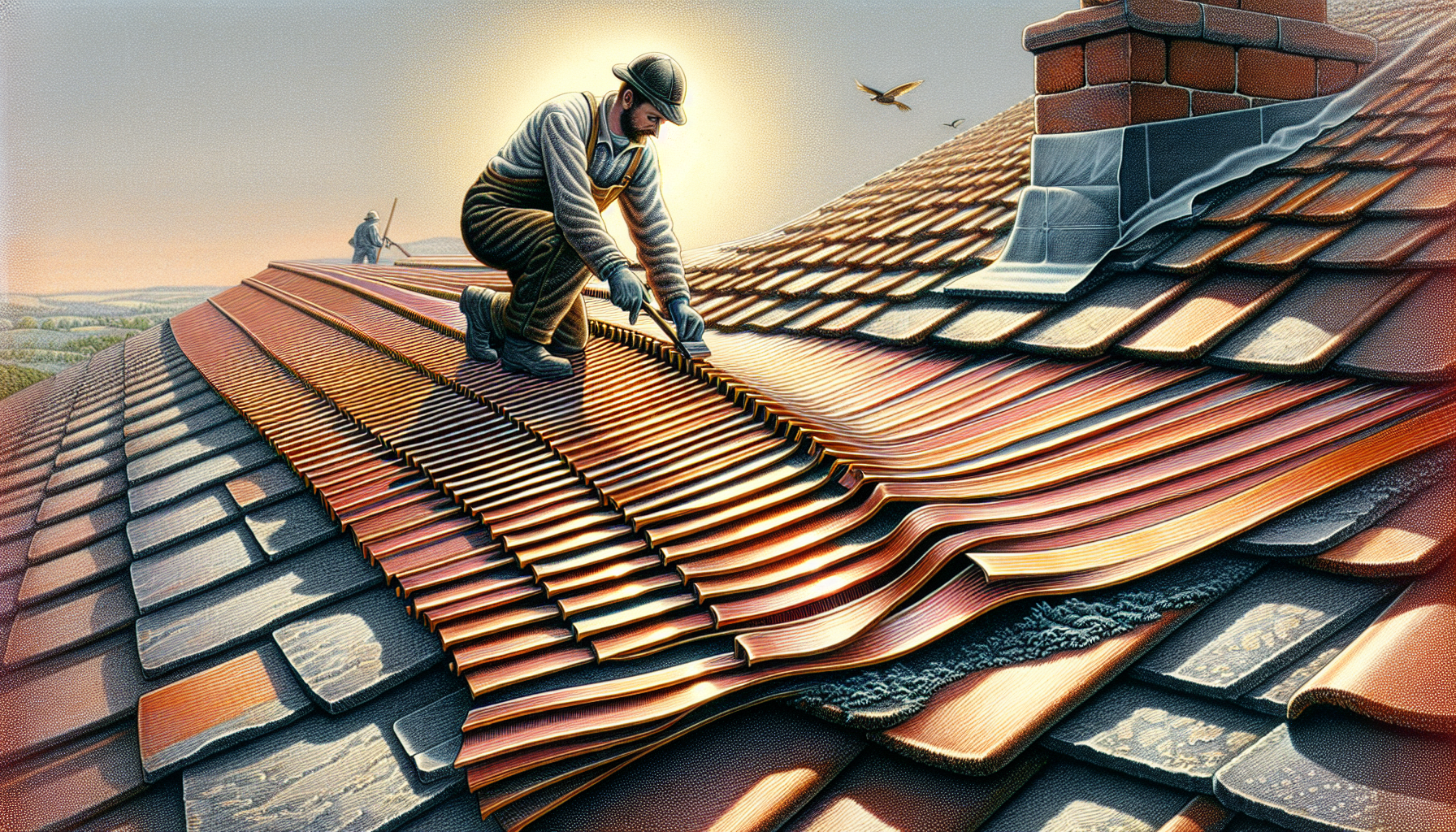 Illustration of installing metal strips on the roof's ridge