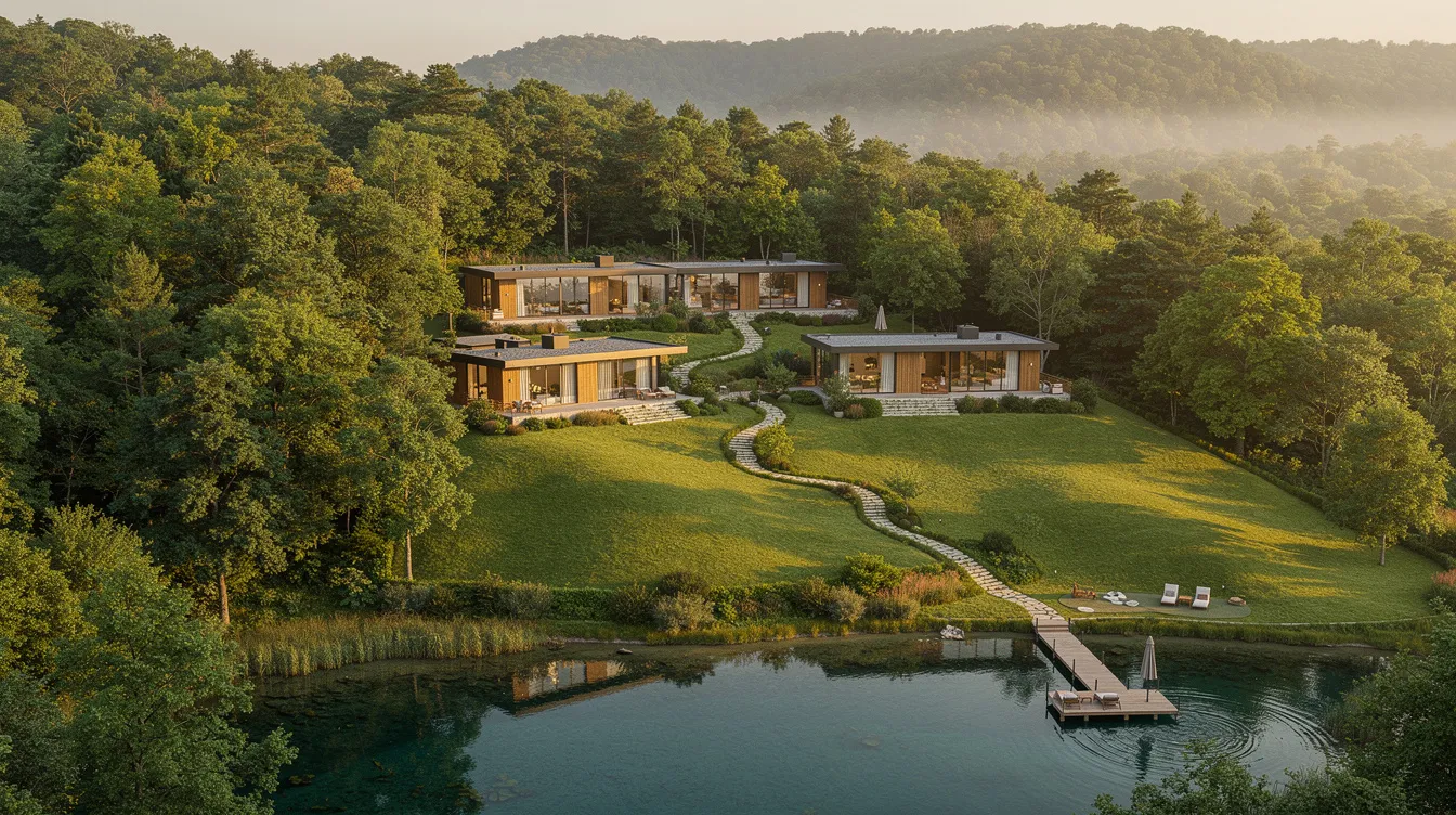 The image depicts a scenic hillside resort property surrounded by lush green forest and a tranquil small lake, ideal for a proposed development. Such a location could be analyzed in a feasibility study to assess its potential for a luxury hotel project, considering critical factors like market analysis and financial viability.