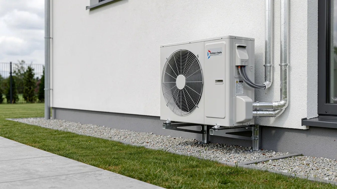 Na zdjęciu znajduje się zewnętrzna jednostka pompy ciepła powietrze-woda, zamontowana przy ścianie budynku mieszkalnego. Urządzenie to jest częścią przedsięwzięcia termomodernizacyjnego, które pozwala na poprawę efektywności energetycznej domu oraz przygotowanie ciepłej wody użytkowej.