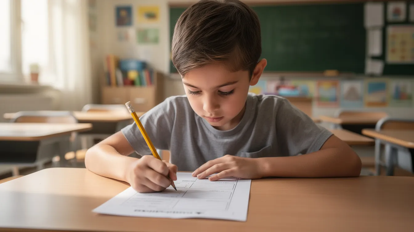 Na obrazku widzimy dziecko siedzące przy szkolnej ławce, kt&oacute;re pisze test, trzymając w dłoni arkusz papieru i oł&oacute;wek. Scena odzwierciedla moment nauki w klasie 4, gdzie uczniowie odkrywają tajemnice życia i poznają świat organizm&oacute;w.
