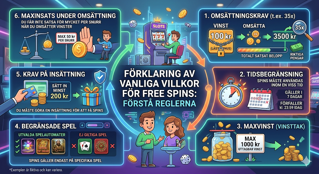 Freespins regler och villkor – illustration som visar omsättningskrav, maxinsats, insättning och begränsningar för freespins på online casino