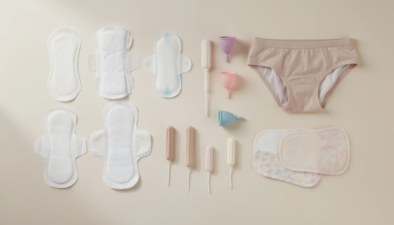 L'image montre une variété de protections menstruelles disposées sur une surface claire, illustrant les différentes solutions disponibles pour les femmes durant leur cycle menstruel. On y voit des serviettes, des tampons et d'autres produits, reflétant la diversité des options pour gérer les menstruations et le flux menstruel.