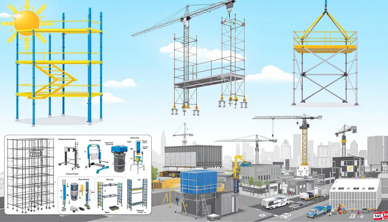 Overview of scaffolding in the UK with various types of scaffolding systems visible.