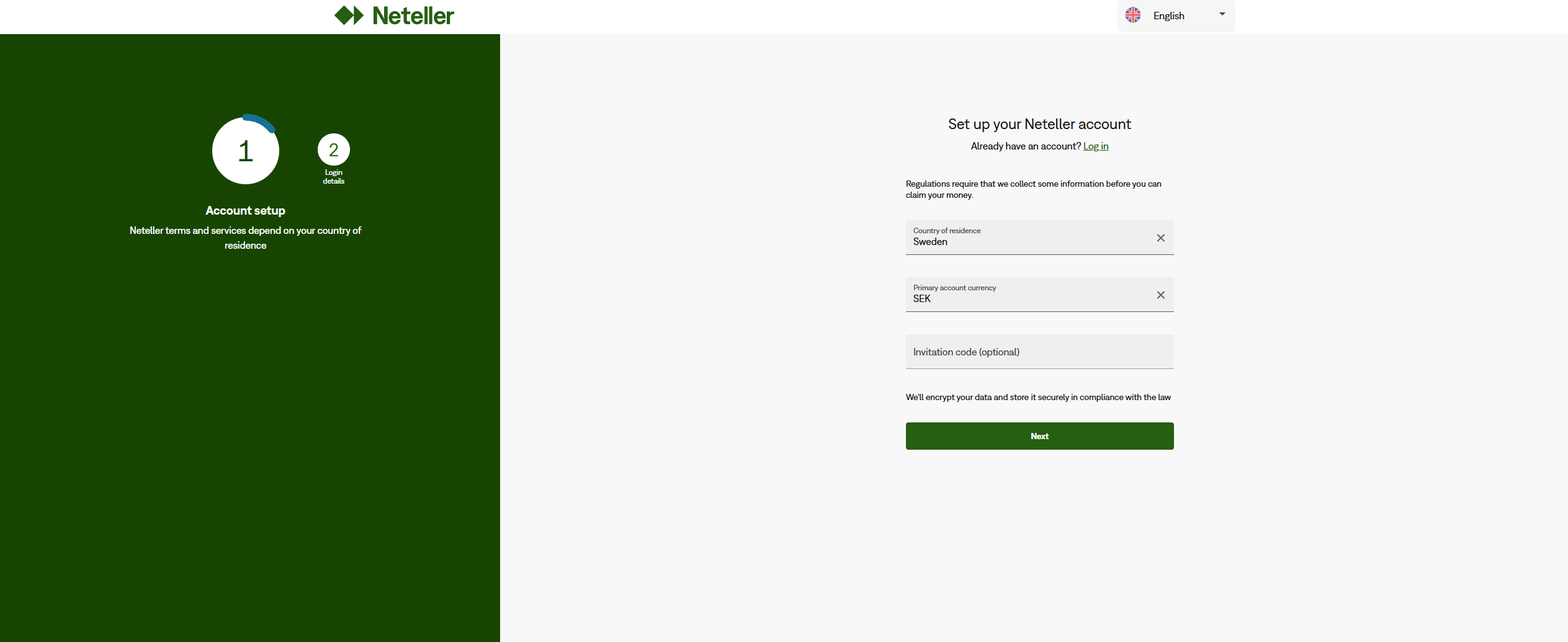 Registrering av ett nytt Neteller-konto med Sverige och SEK som val.
