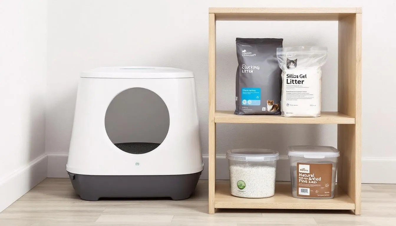 Een moderne kattenbakopstelling met verschillende soorten kattenbakvulling en accessoires voor katten, zorgvuldig uitgekozen uit een uitgebreid assortiment van de beste merken. De producten zijn ideaal voor katten en passen perfect in elk interieur.