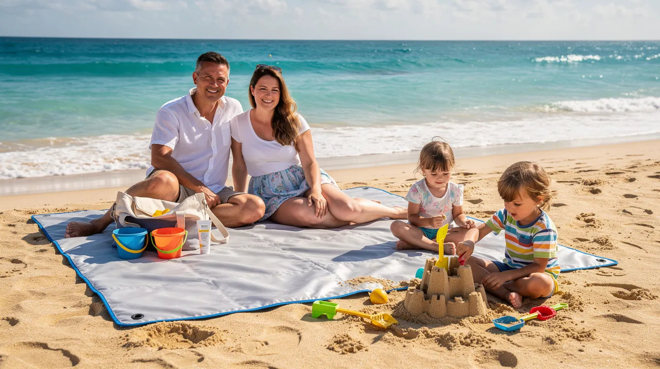 A family is lounging comfortably on a large waterproof beach blanket, enjoying a sunny day at the beach, while their kids play nearby in the soft sand. The oversized towel repels sand particles, allowing them to relax without worrying about a sandy mess.