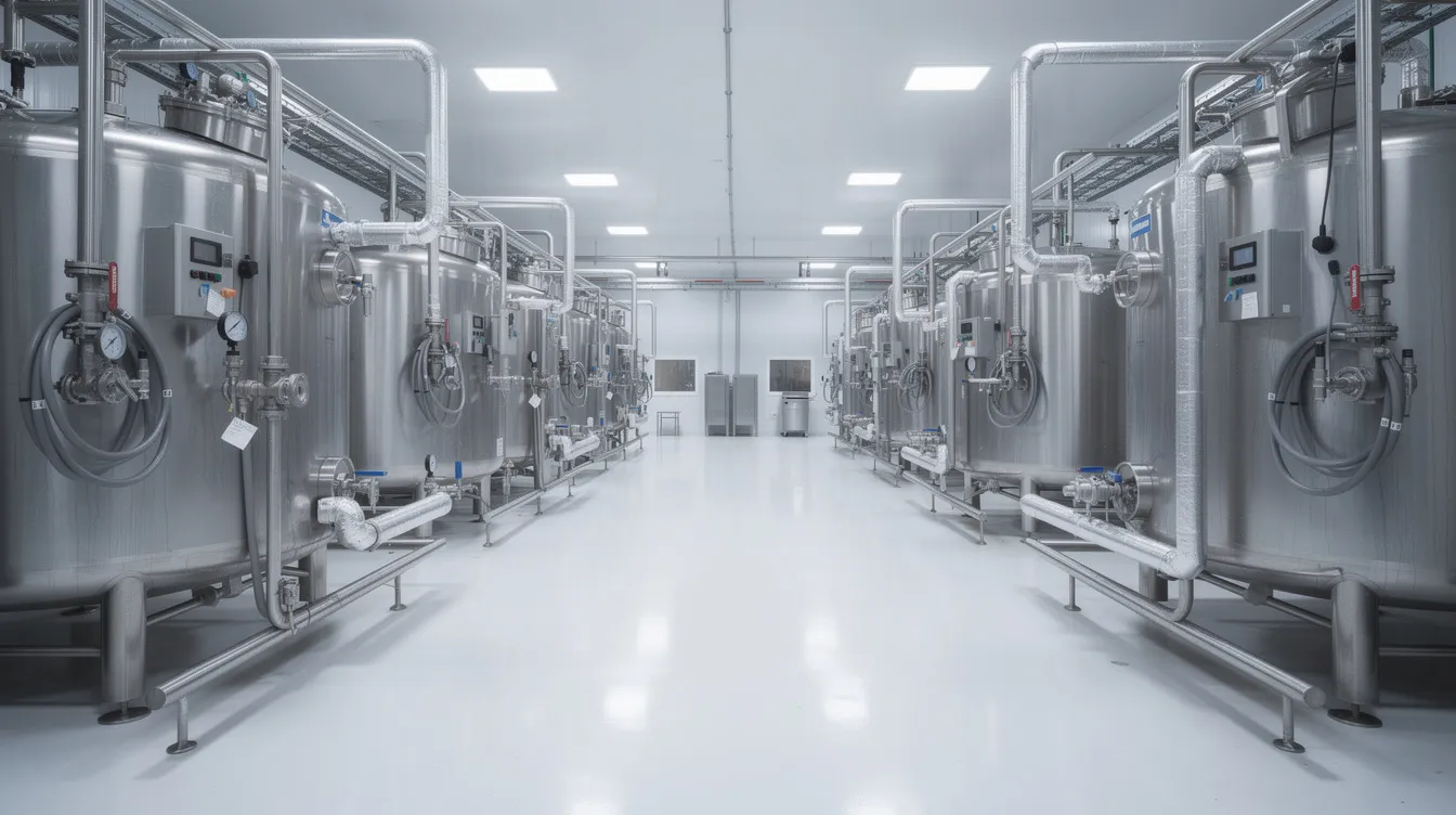 af6c6998 66bd 4f14 b605 302d38a113d2 The image depicts an industrial dairy processing facility featuring large stainless steel tanks and extensive piping within a clean production hall, essential for the manufacturing process of dairy products like butter and cheese. This facility exemplifies the machinery and technology requirements necessary for efficient production in the food processing industries.