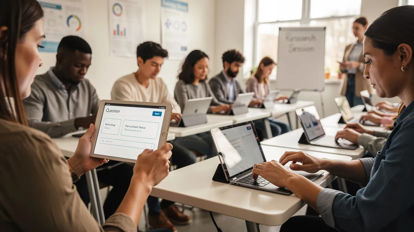 The image depicts a diverse group of young adults engaged in completing surveys on tablets, likely related to mental health disorders such as anxiety and depression. This data collection may contribute to research at institutions like Johns Hopkins University School, exploring the effects of medical marijuana on various psychiatric conditions.
