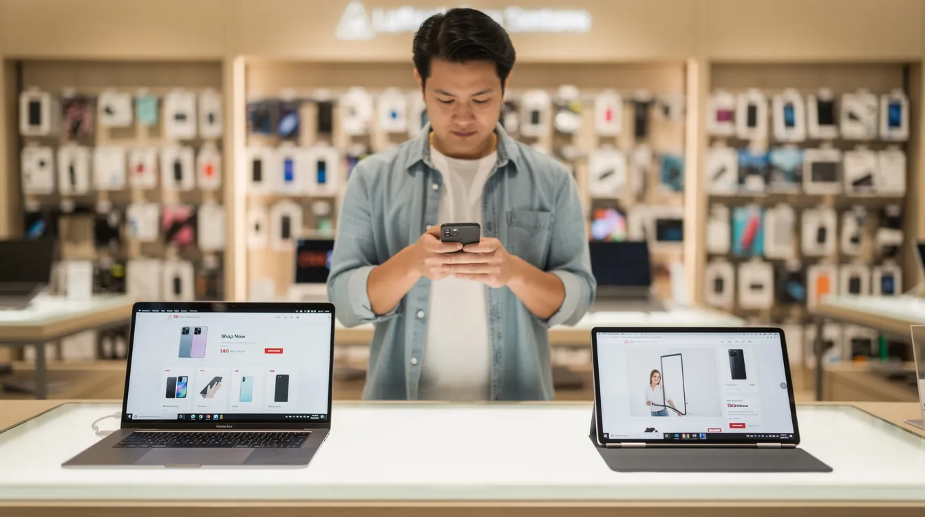 A person is using a smartphone while shopping, with a laptop and tablet visible nearby, suggesting a modern retail experience that includes major brands and electronics. The scene reflects a blend of technology and shopping essentials, emphasizing convenience for customers in the store.