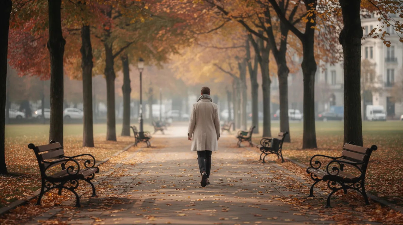 A person strolls through a picturesque European city park in autumn, surrounded by vibrant trees with colorful foliage and benches, capturing the essence of the season. This scene reflects the serene atmosphere that many Pakistani citizens might experience while exploring parks in Romania and other eastern European countries.