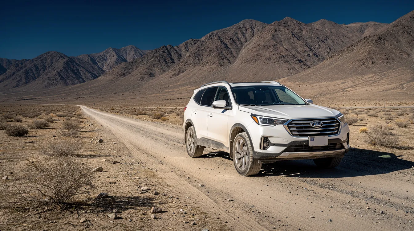 سيارة SUV بيضاء متوقفة بجانب طريق ترابي وخلفها جبال قاحلة.