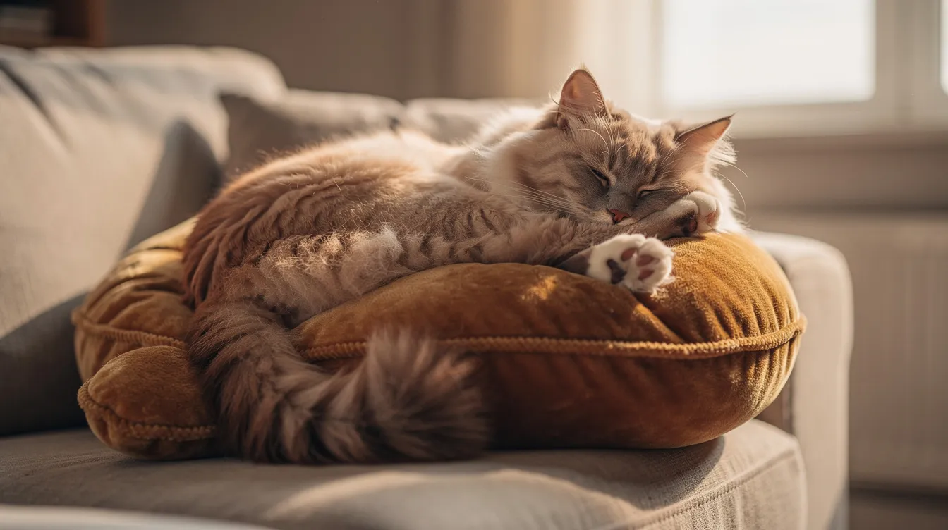 A playful cat is cuddling a huge plush toy, which resembles a soft pillow, showcasing its love for cat toys. The scene captures the joy and comfort that feline friends find in their durable kicker toys, perfect for mental stimulation and entertainment.