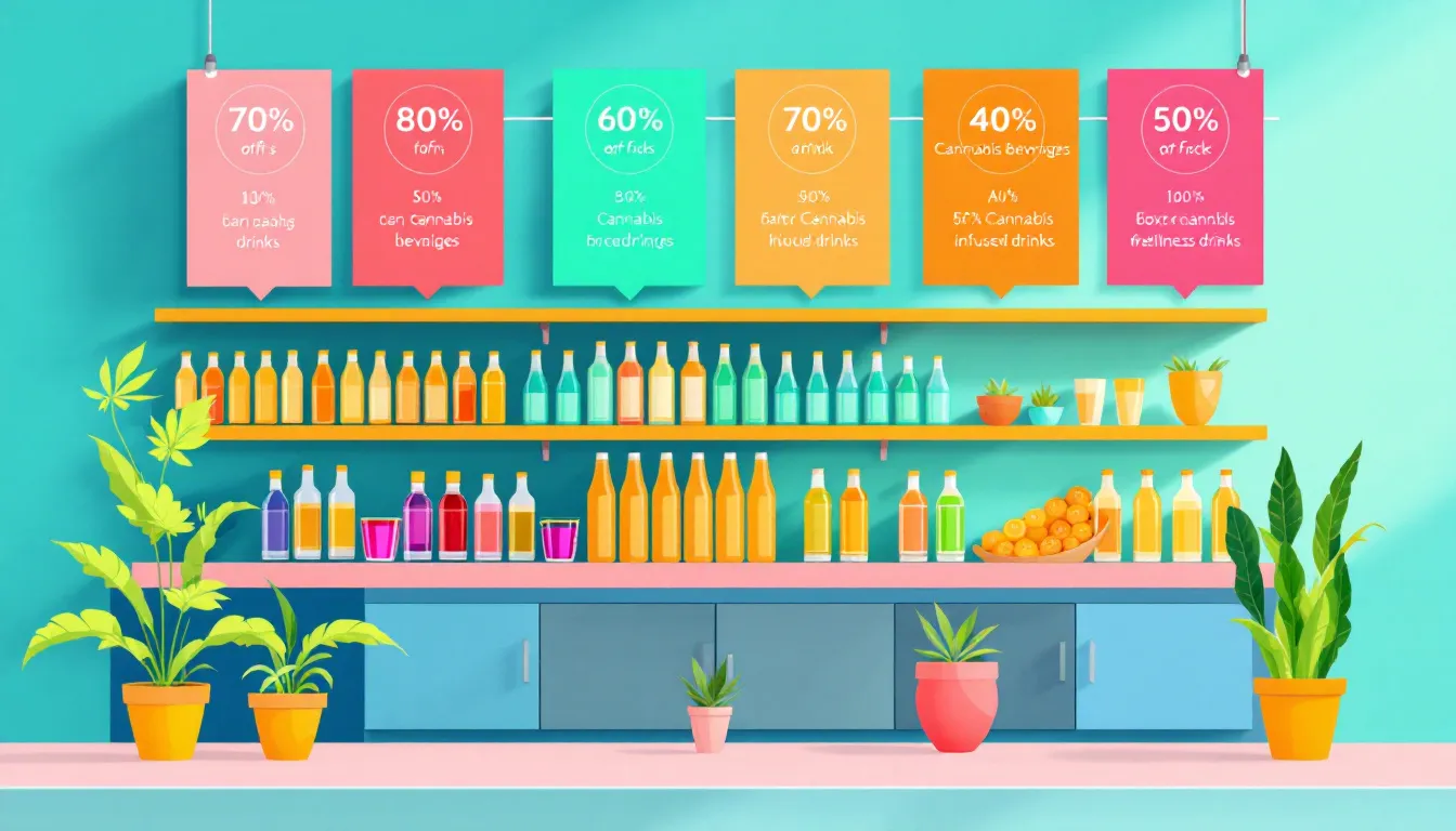 A vibrant retail scene showcasing the expanding presence of cannabis beverages in grocery and liquor stores.