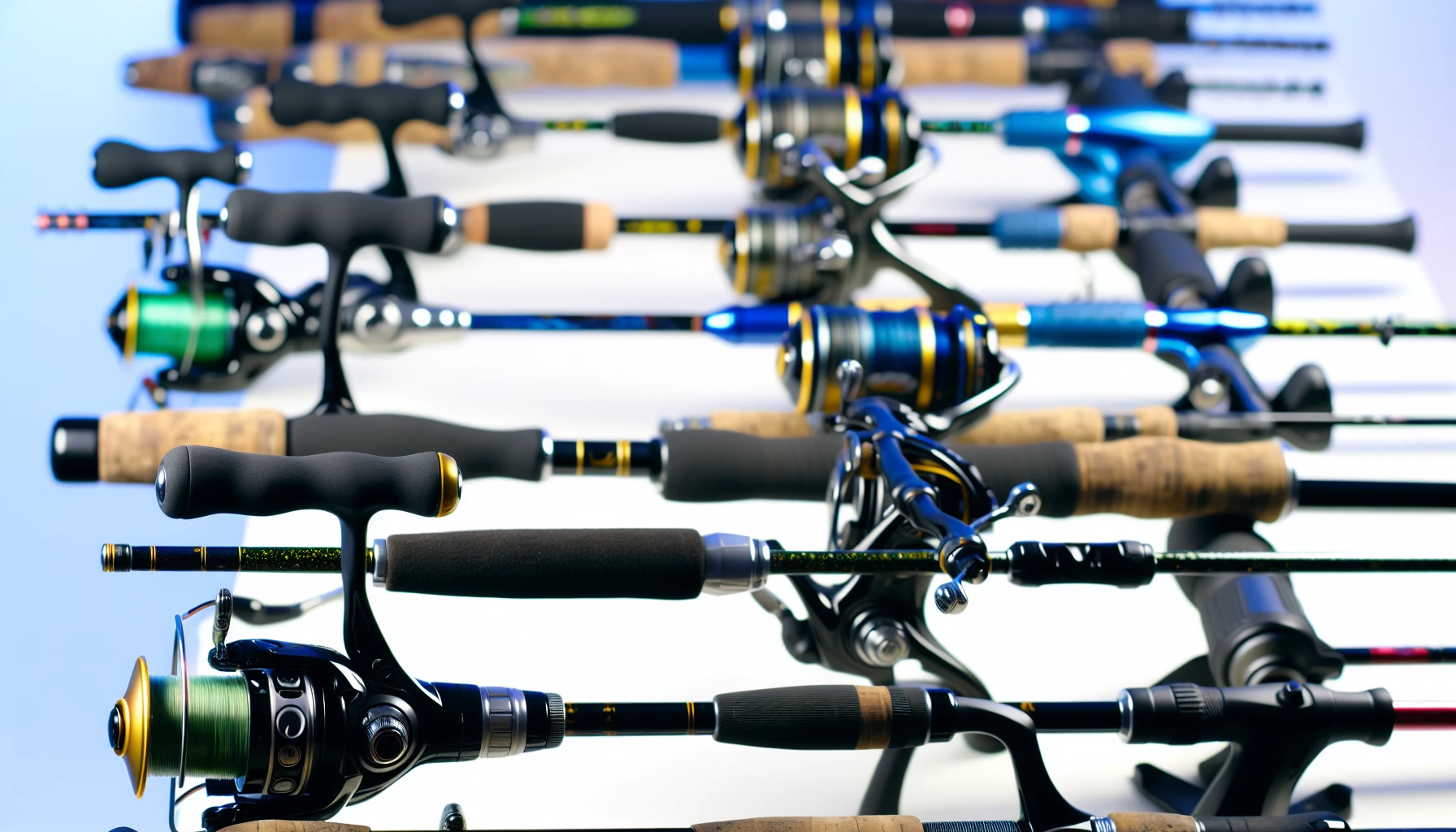 Assorted fishing rods neatly arranged