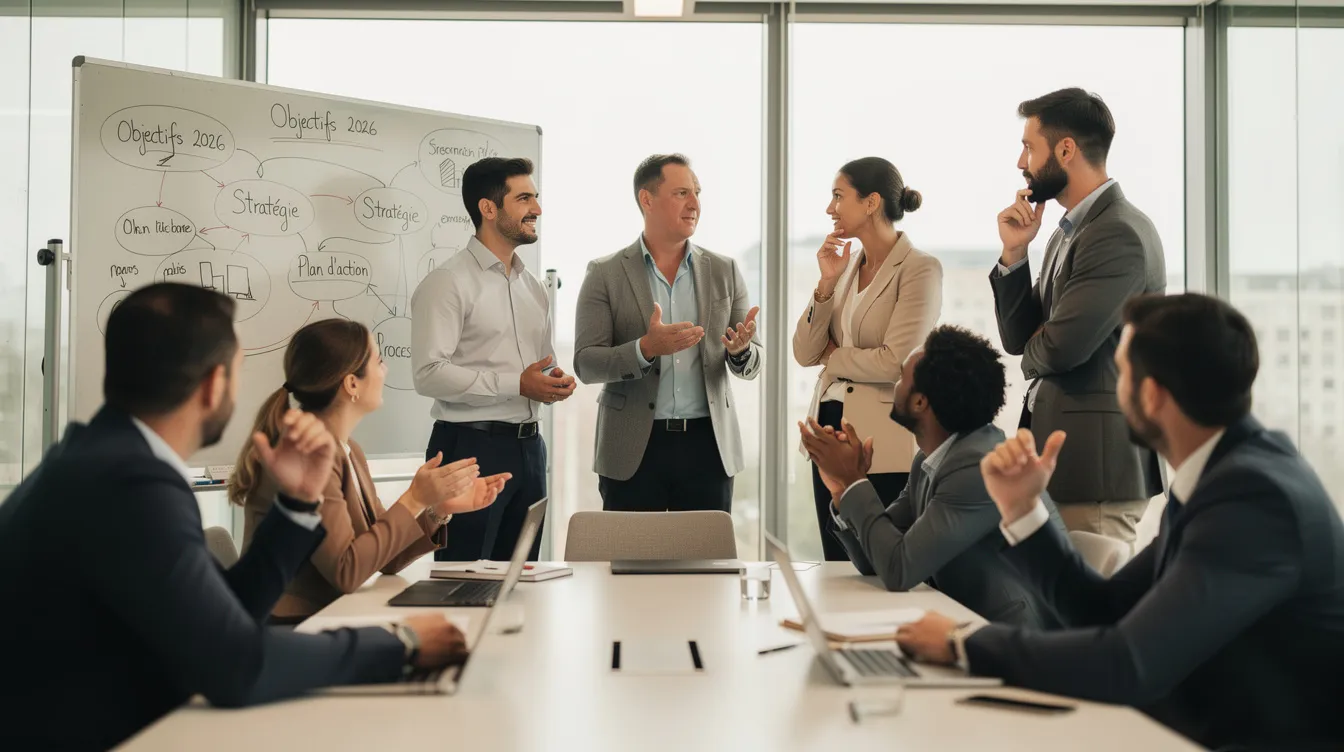 L'image montre des collègues en pleine discussion autour d'un tableau blanc dans une salle de réunion, où ils expriment des points de vue différents sur le développement d'une équipe. Cette scène illustre les différentes phases du modèle de Tuckman, notamment la confrontation et la normalisation, essentielles pour améliorer la performance et le bien-être des membres de l'équipe.