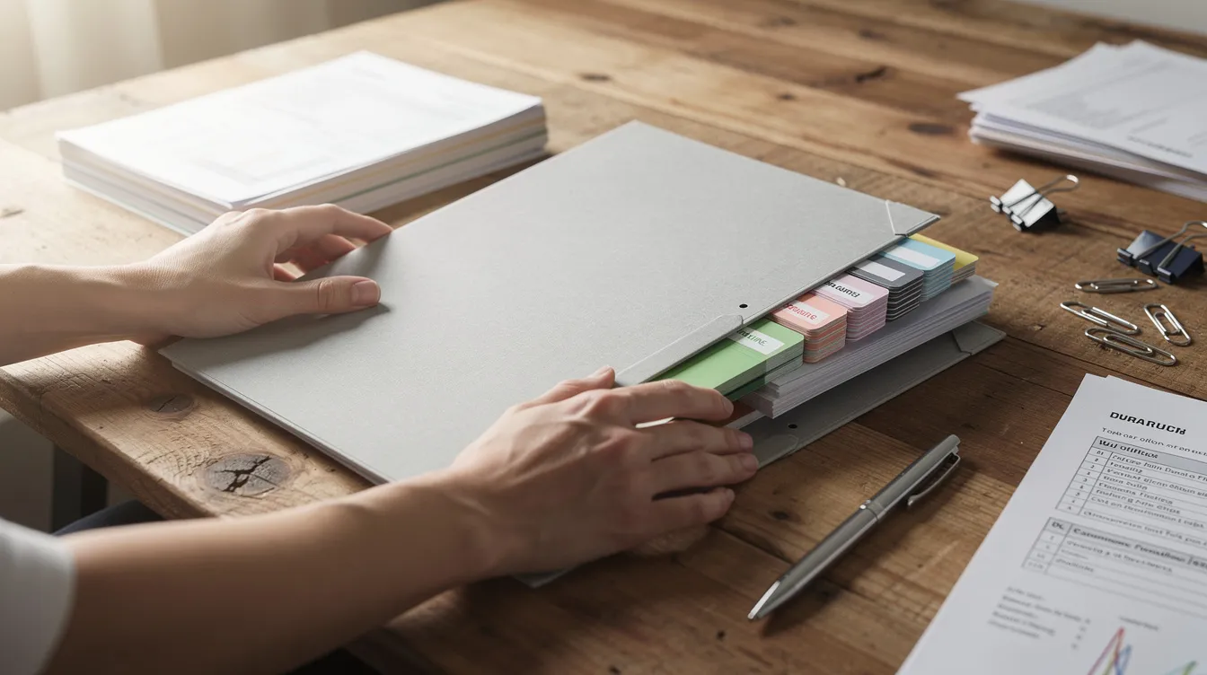 A person is meticulously organizing various documents and files in a folder on a wooden table, likely preparing important paperwork related to a mudra loan application. The scene conveys a sense of order and focus, essential for small business owners navigating the complexities of banking processes and loan approvals.