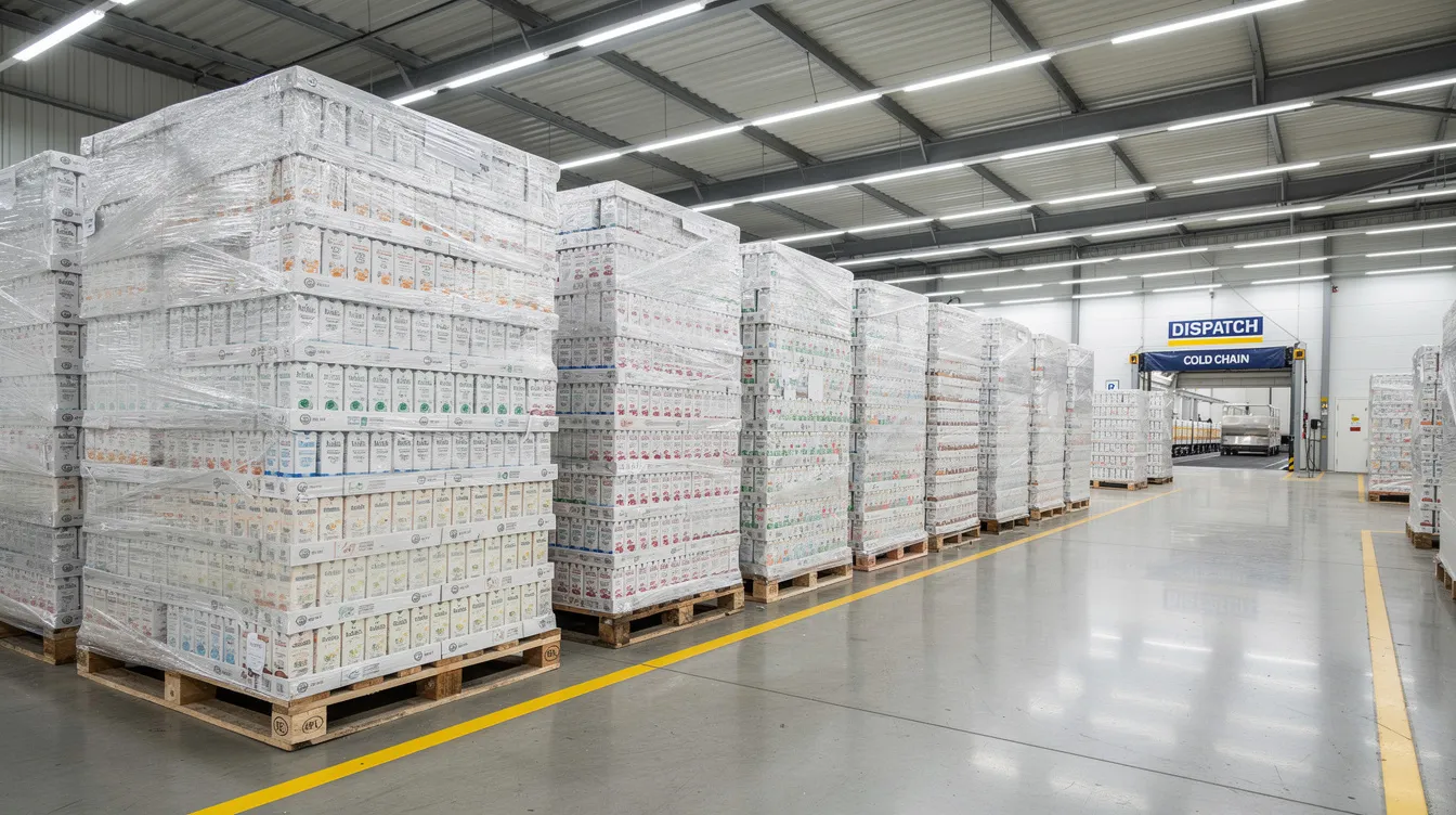 af713df3 fe81 437c 9f8d 980a2bbfa1dd The image shows pallets of finished aseptic milk cartons stacked neatly in a clean warehouse, ready for dispatch. These cartons, produced through the UHT milk processing method, ensure a long shelf life and maintain the quality of pasteurized milk in a sterile atmosphere.