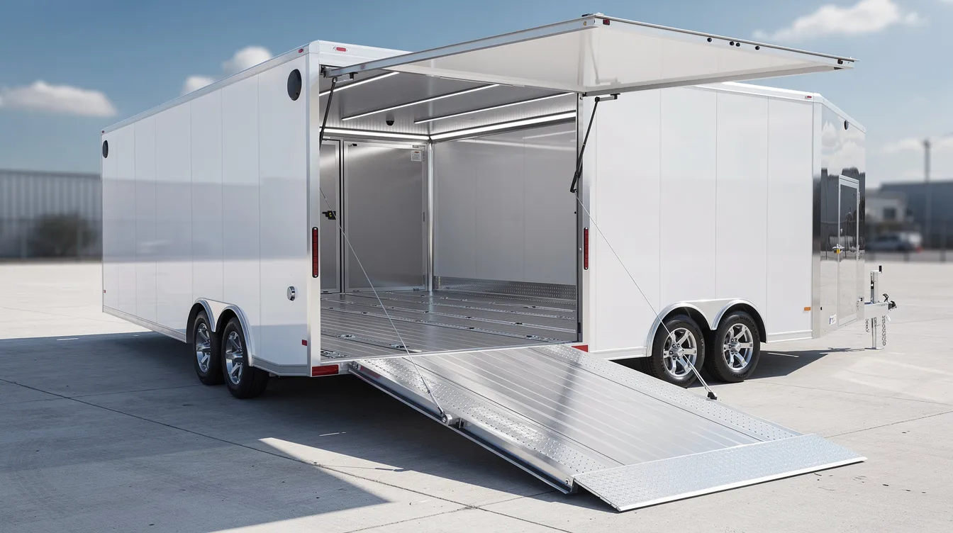 The image shows an enclosed auto transport trailer with its rear door open, revealing multiple vehicles inside, including luxury and classic cars. This setup highlights the capabilities of fleet management companies in providing safe and efficient vehicle transportation solutions.