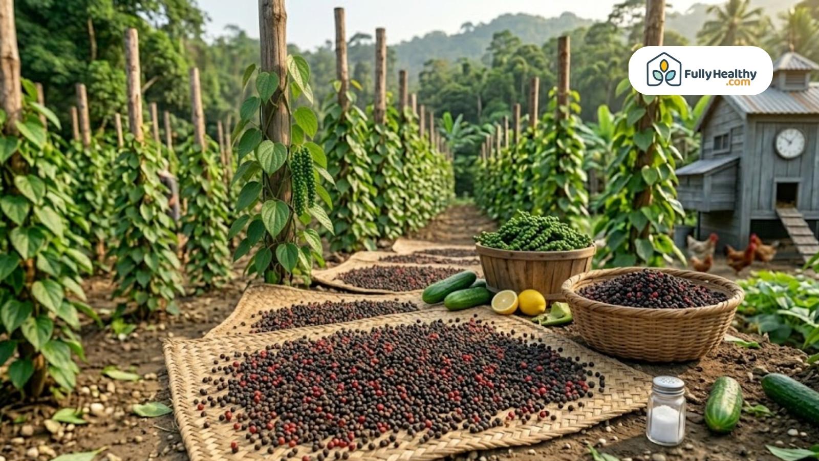 Peppercorns drying on mats with baskets in lush plantation setting outdoors