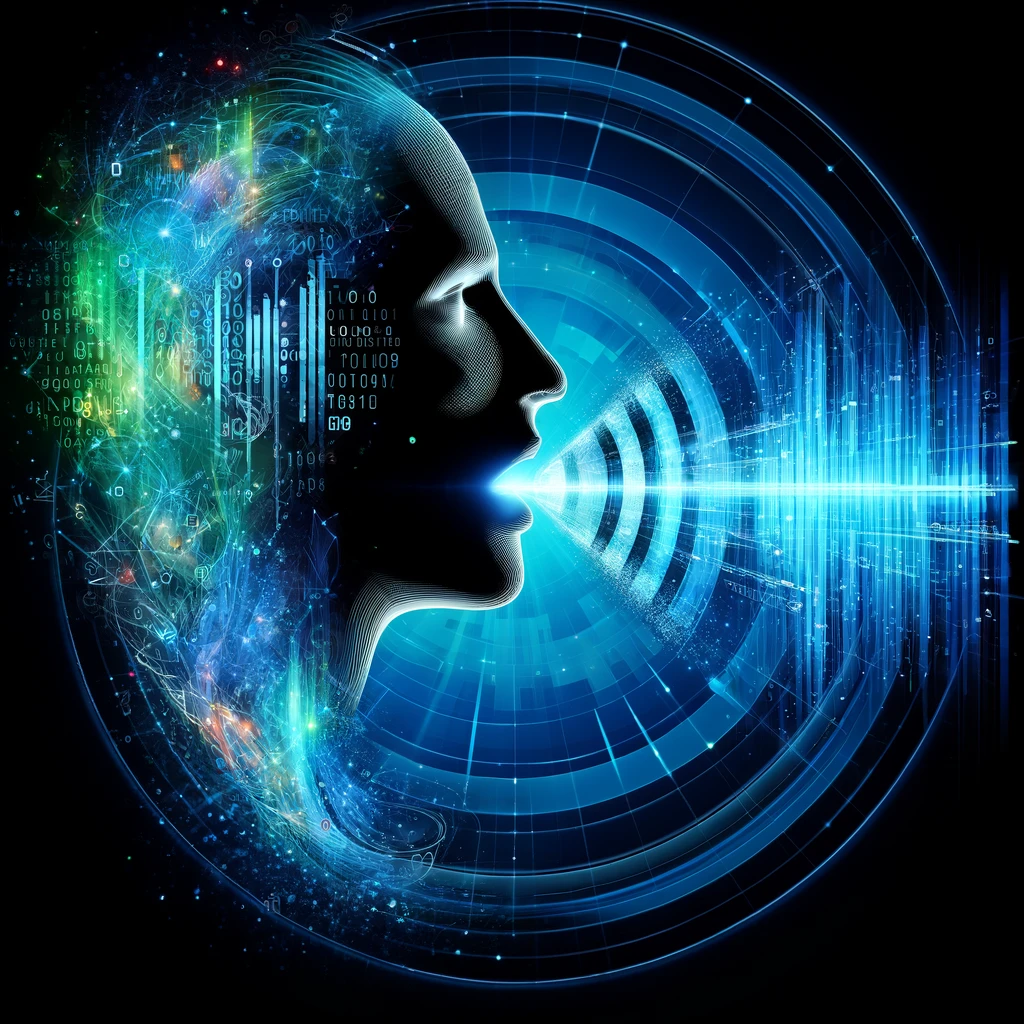 a human silhouette with sound waves emanating from the mouth, symbolizing spoken words being converted into digital data. The design incorporates elements like binary code and digital particles to emphasize the technology aspect, with a vibrant and futuristic aesthetic in shades of blue and green