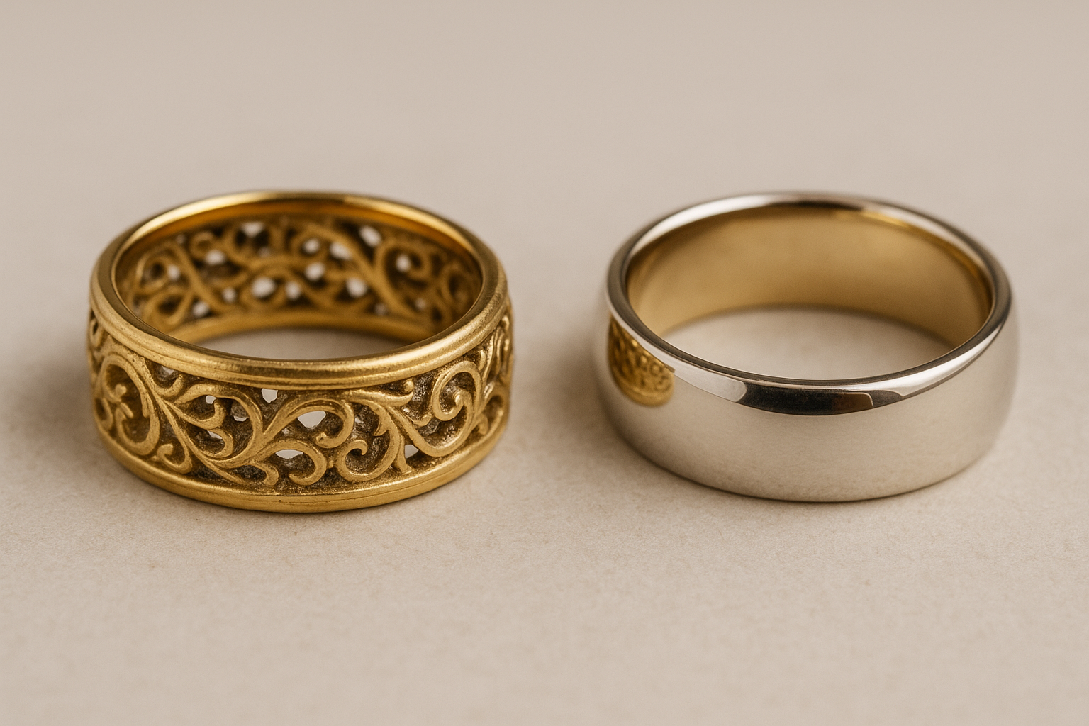 Vestuvinis žiedas su giliais raižiniais, kuriuose matyti susikaupę nešvarumai, ir lygus žiedas palyginimui.
