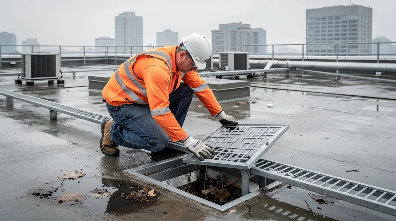 A maintenance worker is inspecting the rooftop drainage system of an apartment building, ensuring it is functioning properly to prevent safety hazards and maintain the property’s reputation. This routine maintenance is essential for keeping common areas clean and safe for residents and potential tenants.