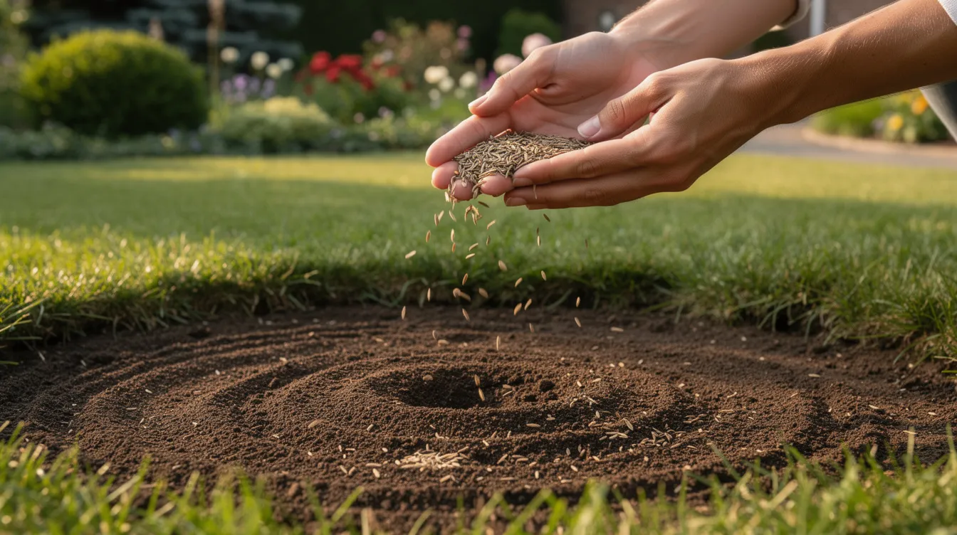 A pair of hands is scattering grass seed evenly over a prepared bare patch in a garden lawn, aiming to repair the damaged area for healthy growth. The surrounding existing grass is lush and green, indicating the potential for the new patch to thrive with proper lawn care.