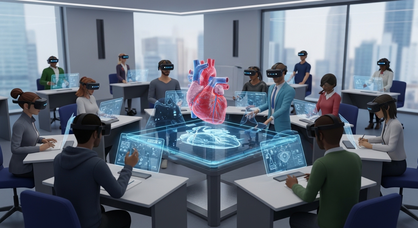 Collaborative VR classroom where students appear as avatars interacting in a shared digital space.