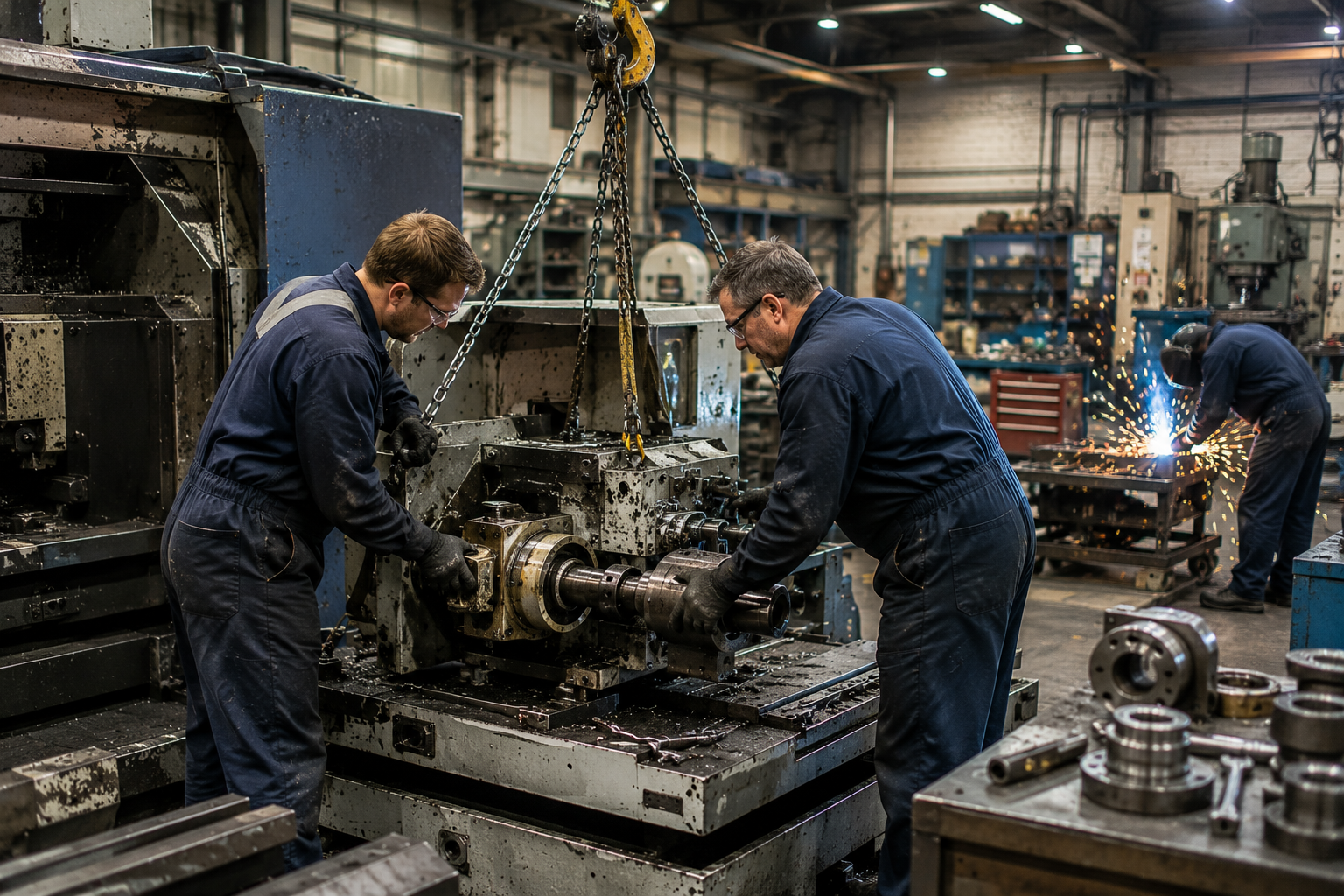 Engineering team refurbishing industrial manufacturing machinery inside a fabrication workshop.