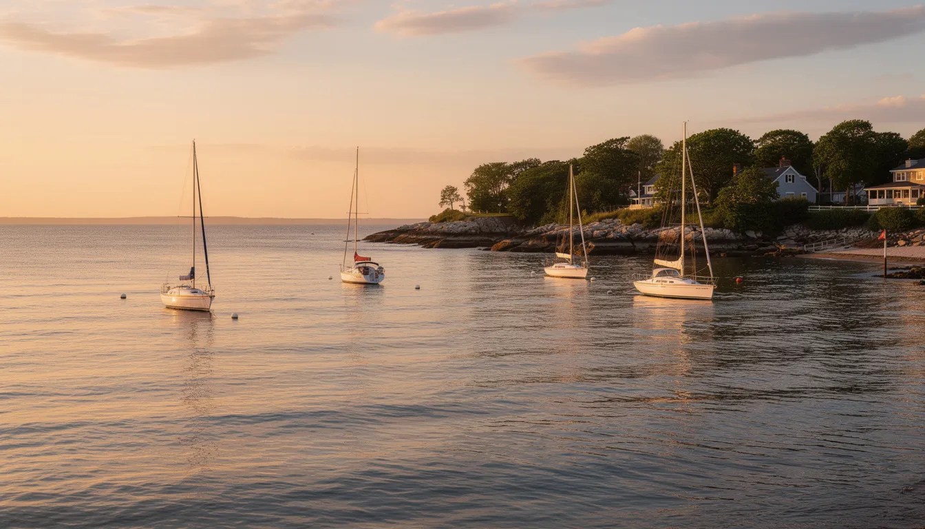 The image captures the serene waters of Long Island Sound during golden hour, with several sailboats peacefully anchored near the Connecticut shoreline. This picturesque scene highlights the beauty of waterfront living and the tranquil lifestyle associated with Connecticut's coastal properties.