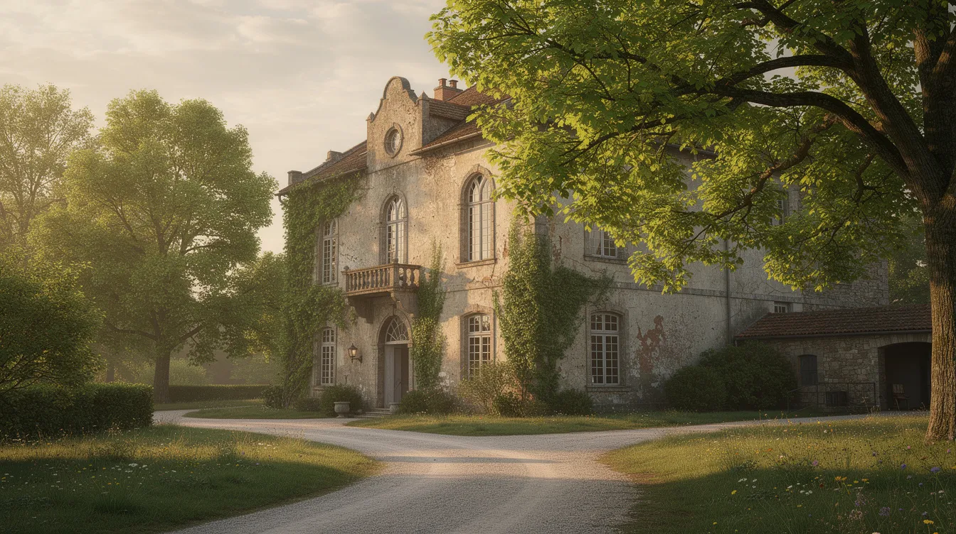 Een oude kasteelgevel, omringd door groene bomen, vormt het middelpunt van een rustige oprijlaan die leidt naar het kasteel. Deze historische plek weerspiegelt de rijke geschiedenis en architectuur van vervlogen tijden.