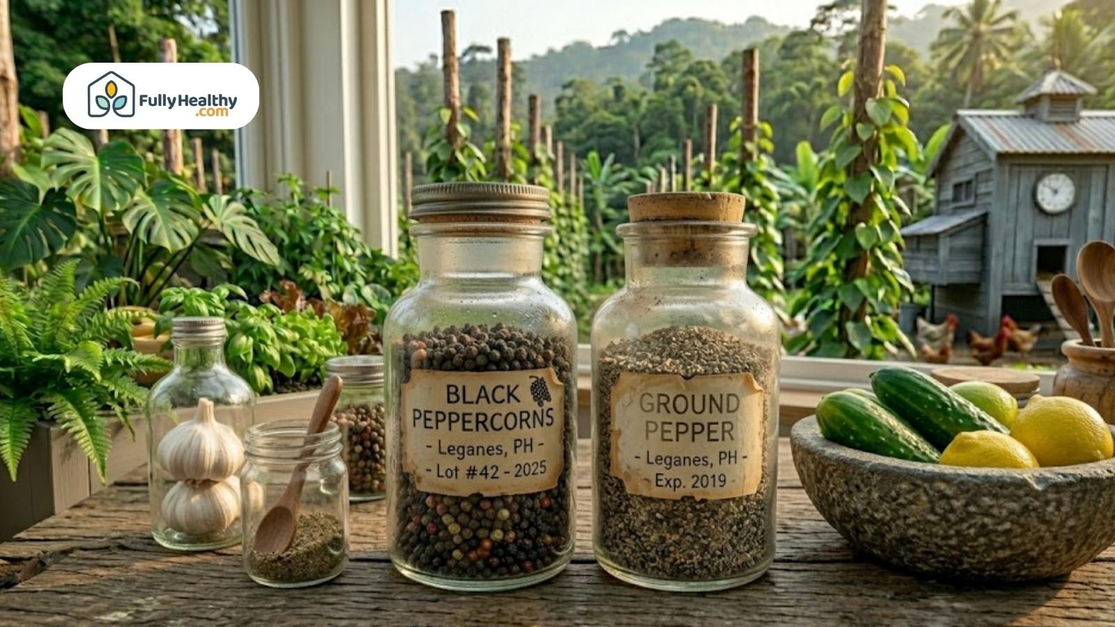 Black peppercorns and ground pepper jars displayed with fresh vegetables nearby
