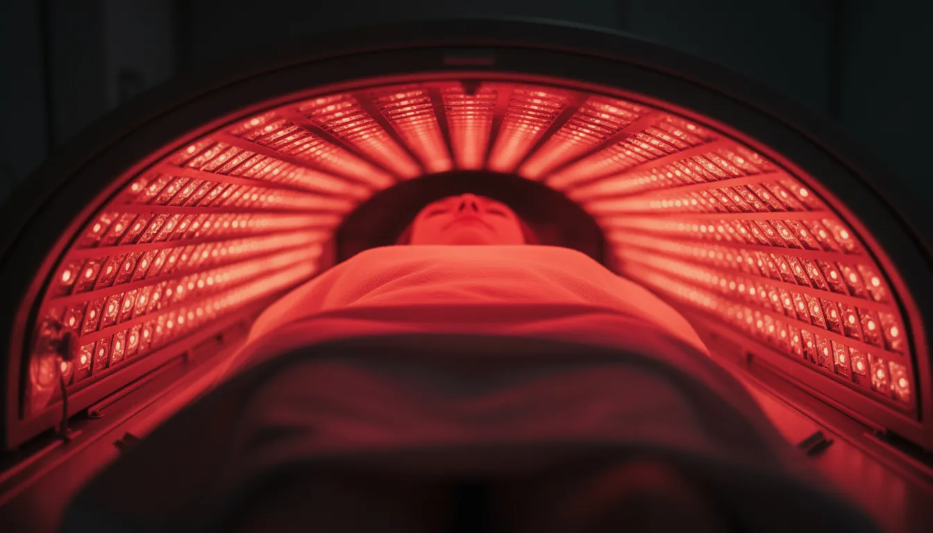 The image features a close-up view of glowing red LED light panels arranged in a therapeutic bed configuration, designed to harness the benefits of infrared sauna therapy and red light therapy. This setup is aimed at promoting skin health, improving circulation, and providing pain relief through deep heat and enhanced blood flow.