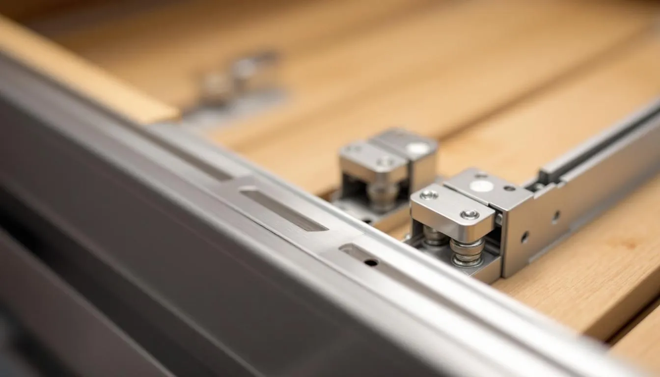 The image shows a close-up view of well-maintained drawer slides and hardware, highlighting the smooth functionality essential for bedroom storage solutions. This detail emphasises the quality of the chest of drawers, ensuring easy access to clothing and accessories while complementing the overall style of the bedroom furniture.
