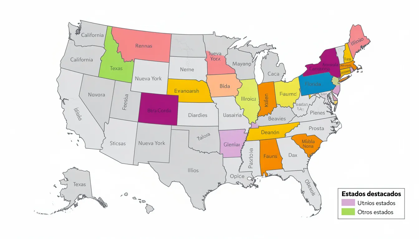 Imagen de un mapa de Estados Unidos donde diferentes estados están destacados en colores variados, representando información relevante sobre el impuesto de franquicia y la declaración de impuestos que las empresas deben presentar ante el secretario de estado.