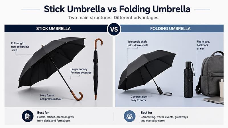 Stick umbrella vs folding umbrella comparison showing coverage, portability, and best use cases