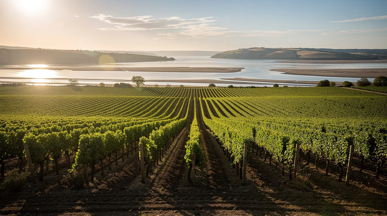 The image depicts vineyard rows stretching towards the Sacramento River Delta, bathed in warm golden afternoon light, showcasing the vibrant and refreshing expression of the region renowned for its high-quality Chardonnay grapes. The scene evokes a sense of tranquility and abundance, perfect for enjoying crisp acidity and bright citrus flavors found in Clarksburg Chardonnay.
