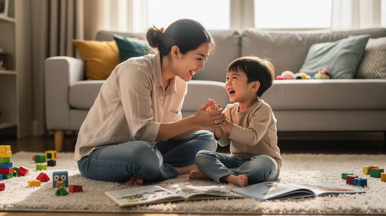 A parent and their young child are playfully interacting on the floor, showcasing a nurturing environment that promotes healthy emotional bonds. This warm scene highlights the importance of secure attachment in early childhood development, essential for forming positive relationships and addressing potential attachment disorders.