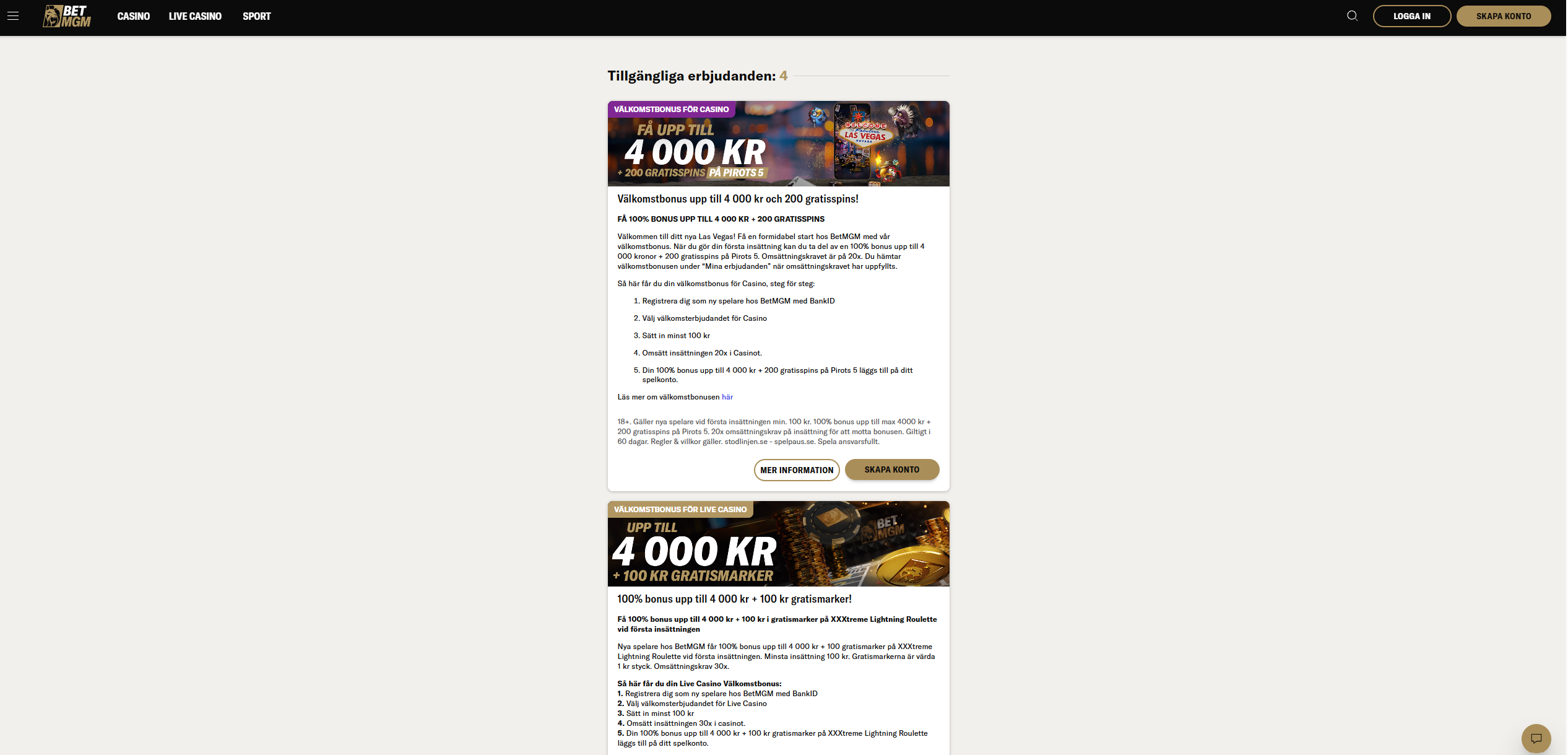 4 olika bonusar hos BetMGM casino.