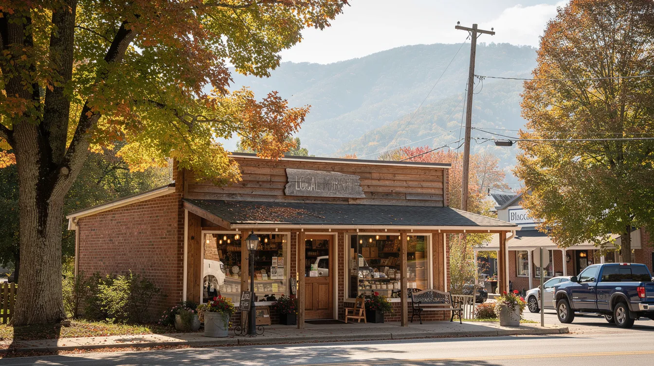 The image depicts a charming small business storefront nestled on a tree-lined street in a picturesque Tennessee mountain town, highlighting the vibrant local economy. This inviting scene reflects the essence of independent businesses, where owners may seek legal assistance from a business attorney to navigate financial metrics and legal issues related to buying or selling their business.