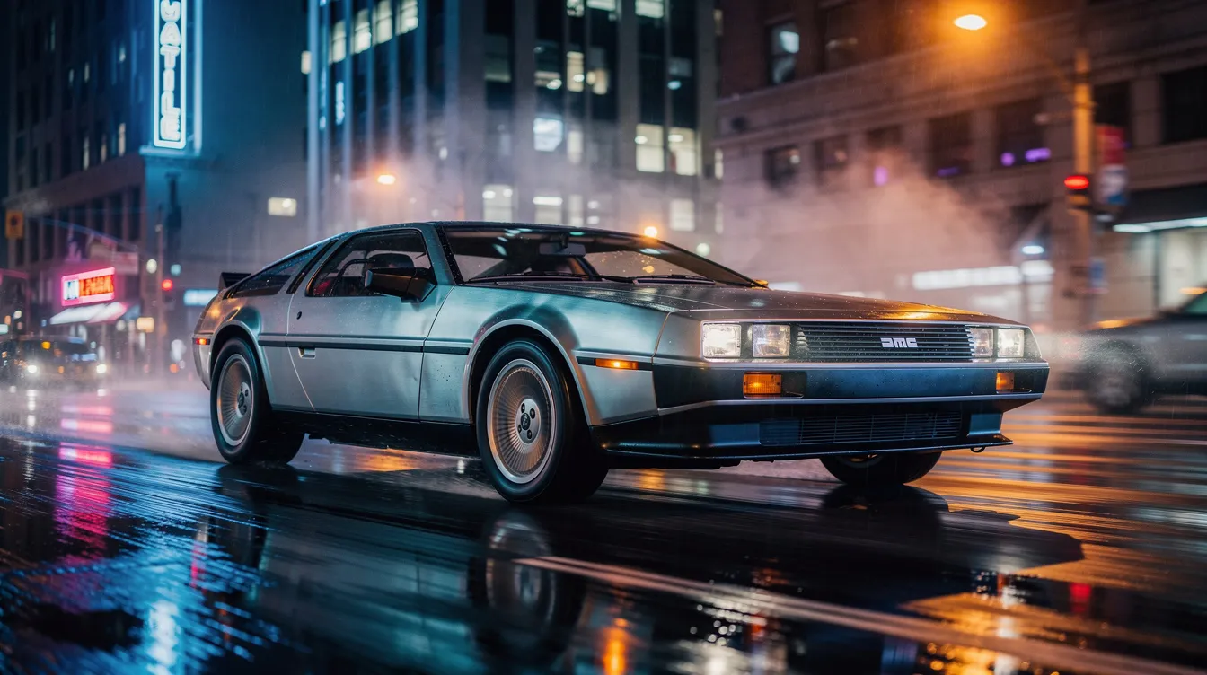 Ein silberner DeLorean fährt nachts durch die Straßen, beleuchtet von den Lichtern der Stadt, und erinnert an die ikonischen Zeitreisen aus dem Film "Zurück in die Zukunft" mit Marty McFly und Doc Brown. Die Szene vermittelt ein Gefühl von Nostalgie und Abenteuer, während der DeLorean als Zeitmaschine durch die Dunkelheit gleitet.