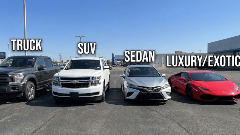 Size of Sedans, SUVs, Trucks, and Luxury/exotic cars