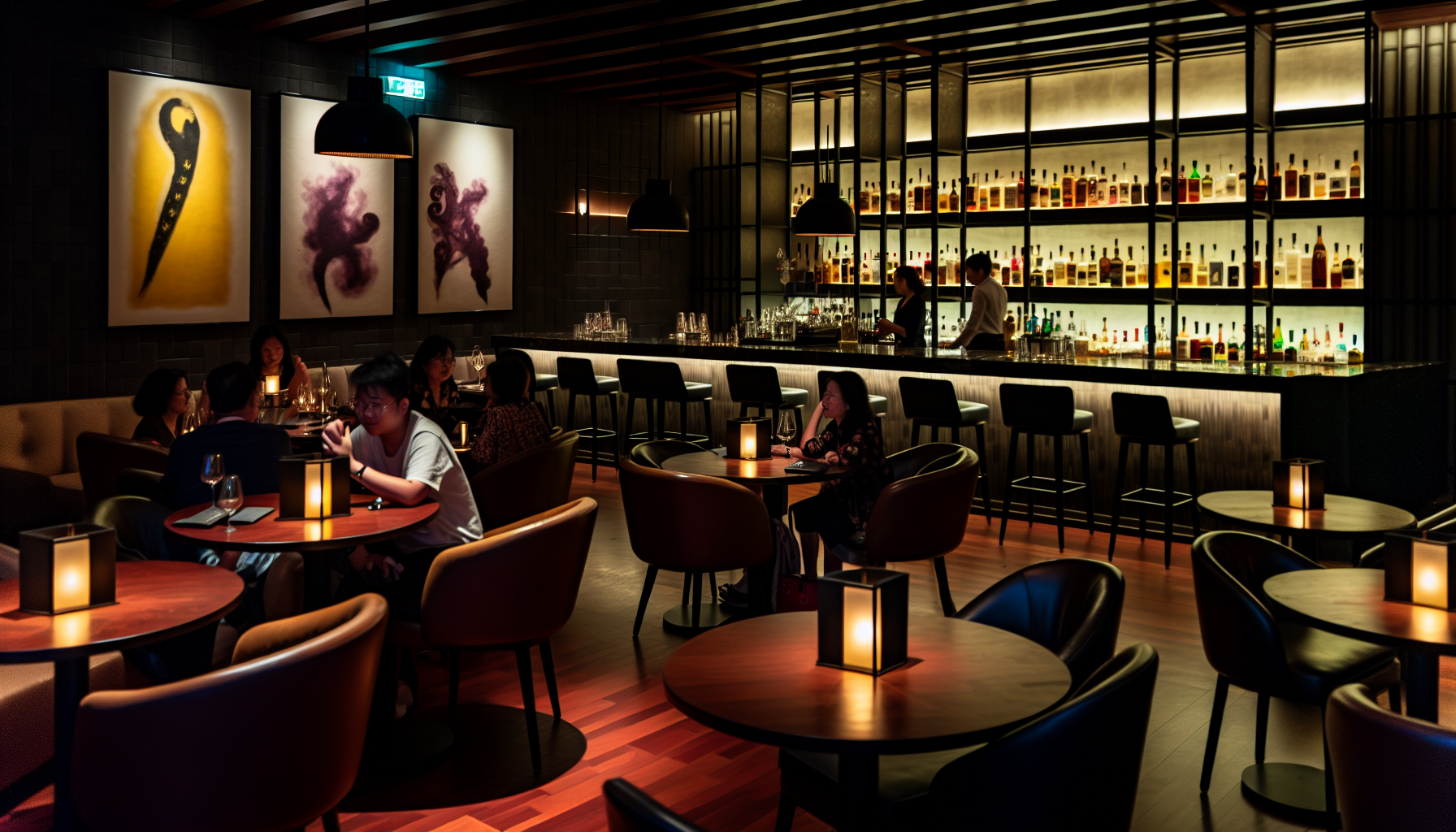 Ambient restaurant lighting with dimmed lighting and accent lighting