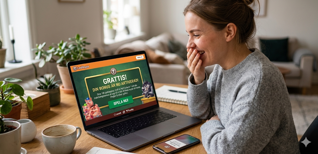 Casino bonus online – spelare får gratis free spins och casinobonus vid första insättning på laptop